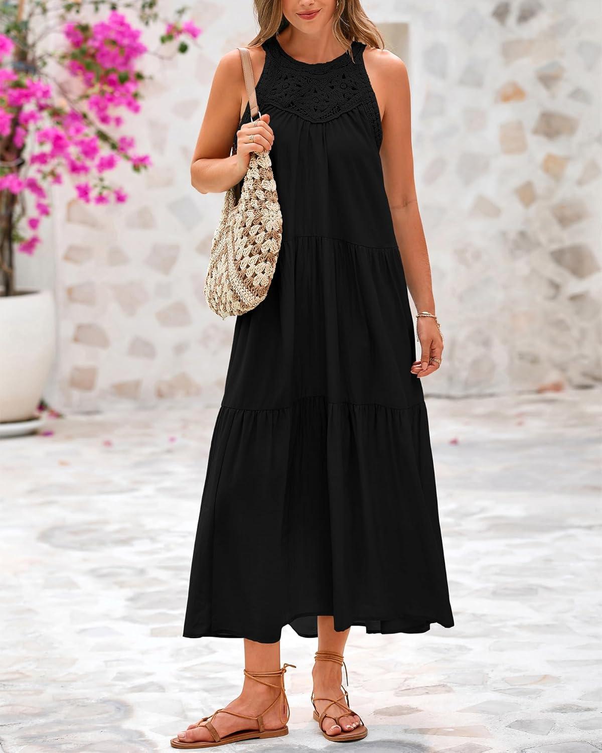 imageBTFBM Halter Summer Dresses for Women 2026 Casual Spring Hollow Out Sleeveless Boho Sundresses Beach Vacation Maxi DressBlack