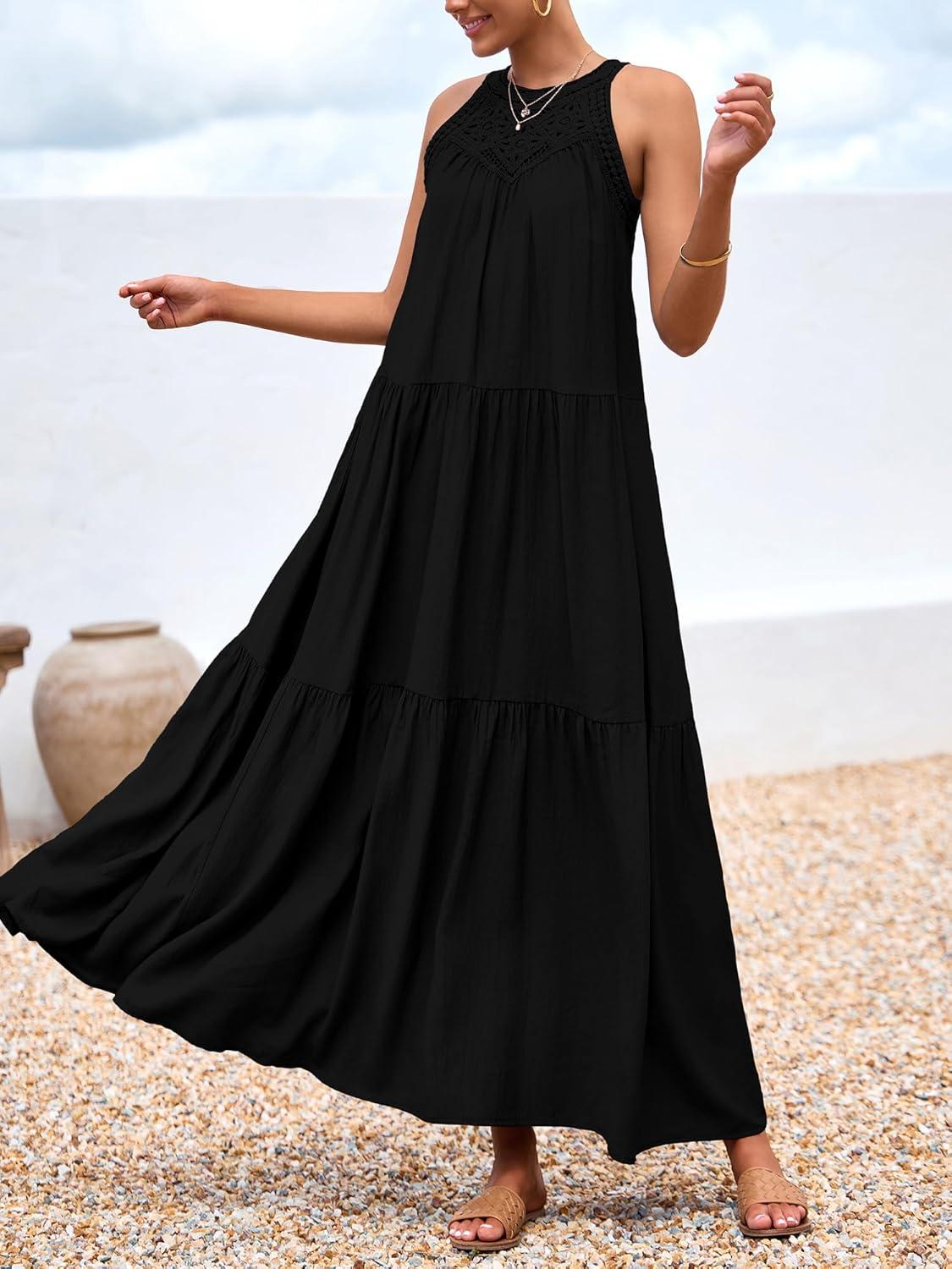 imageBTFBM Halter Summer Dresses for Women 2026 Casual Spring Hollow Out Sleeveless Boho Sundresses Beach Vacation Maxi DressBlack