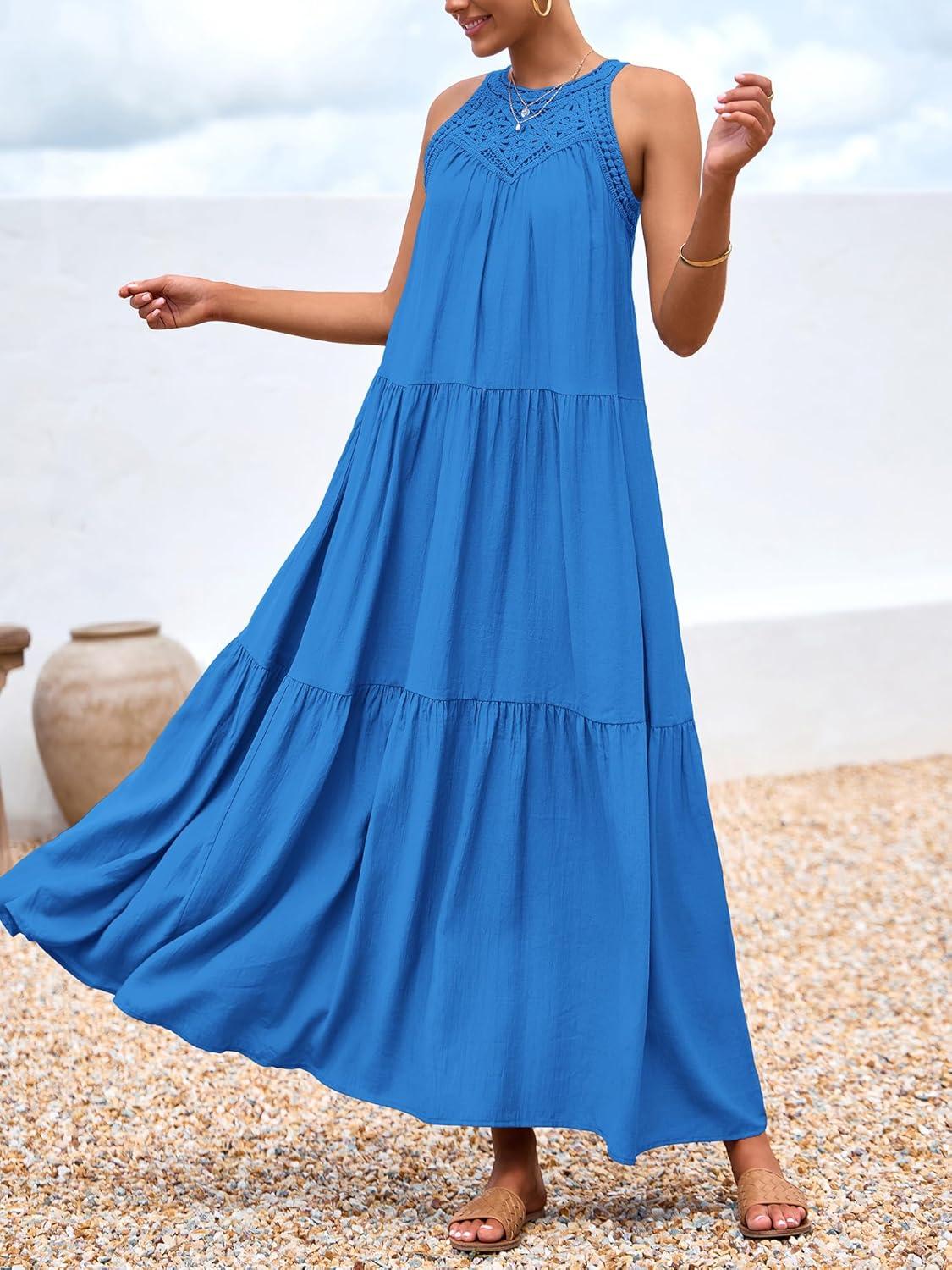 imageBTFBM Halter Summer Dresses for Women 2026 Casual Spring Hollow Out Sleeveless Boho Sundresses Beach Vacation Maxi DressBlue