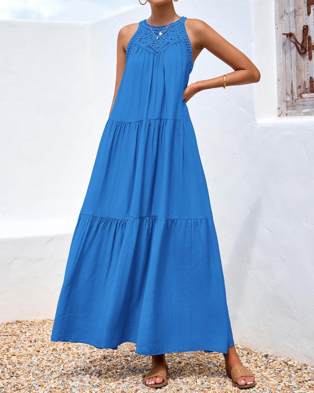 imageBTFBM Halter Summer Dresses for Women 2026 Casual Spring Hollow Out Sleeveless Boho Sundresses Beach Vacation Maxi DressBlue