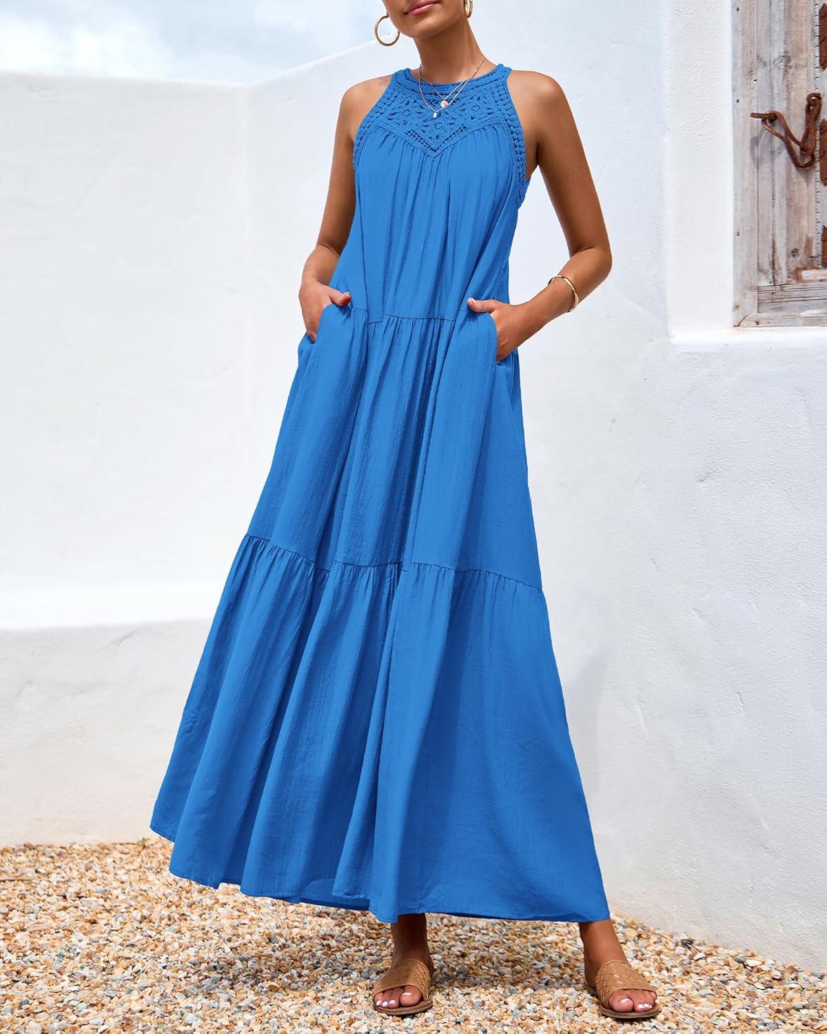 imageBTFBM Halter Summer Dresses for Women 2026 Casual Spring Hollow Out Sleeveless Boho Sundresses Beach Vacation Maxi DressBlue