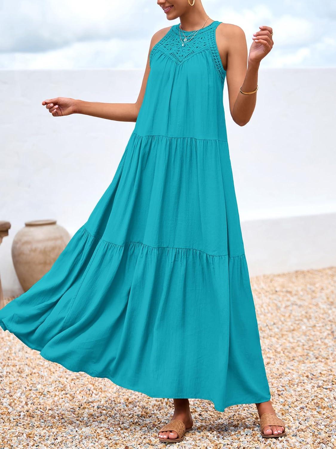 imageBTFBM Halter Summer Dresses for Women 2026 Casual Spring Hollow Out Sleeveless Boho Sundresses Beach Vacation Maxi DressBright Lake Blue