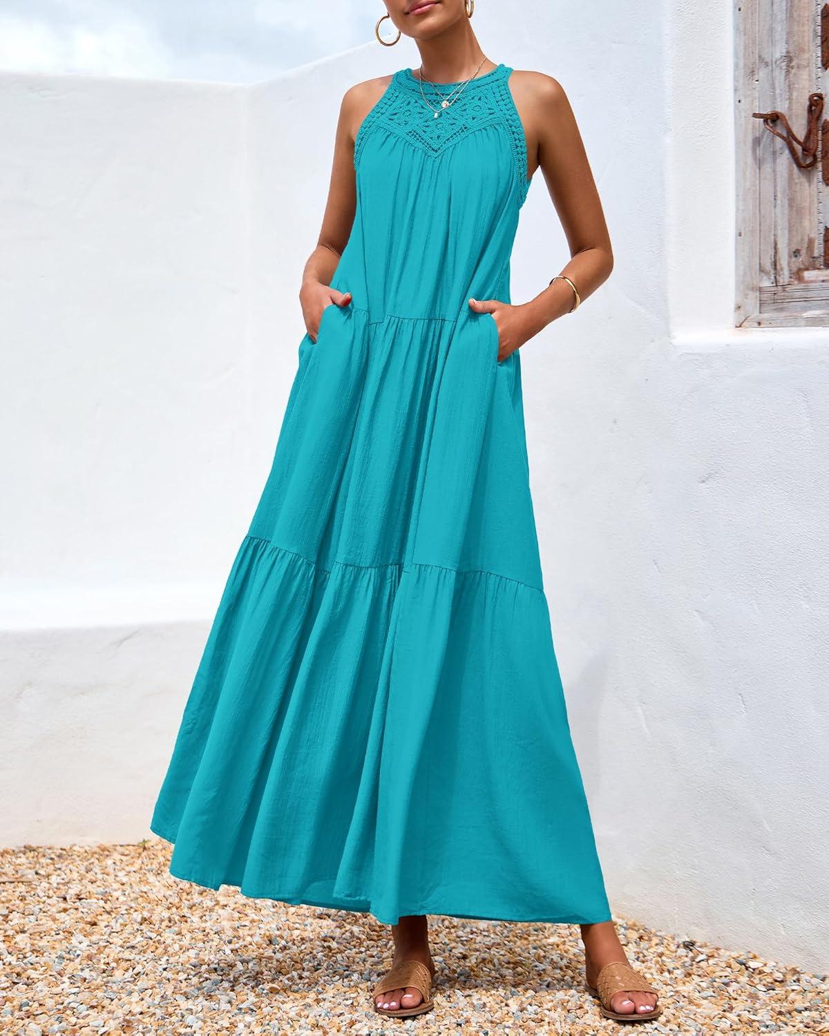 imageBTFBM Halter Summer Dresses for Women 2026 Casual Spring Hollow Out Sleeveless Boho Sundresses Beach Vacation Maxi DressBright Lake Blue