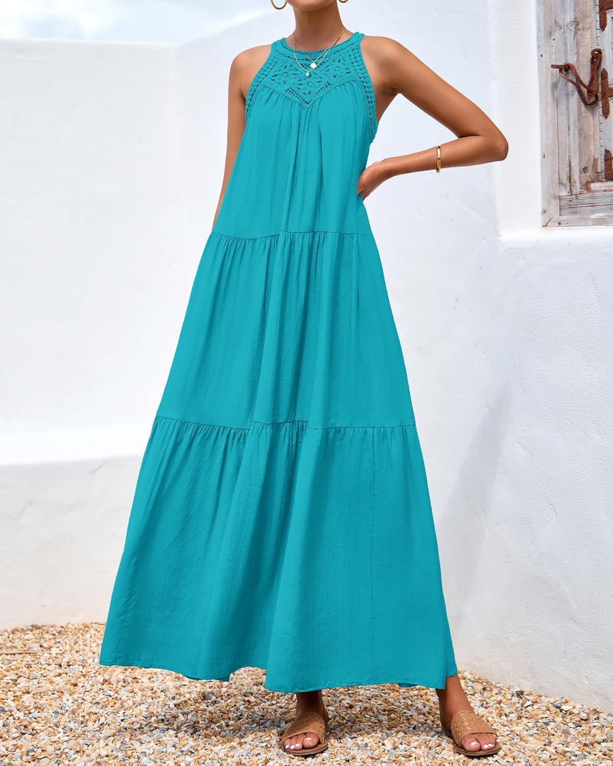 imageBTFBM Halter Summer Dresses for Women 2026 Casual Spring Hollow Out Sleeveless Boho Sundresses Beach Vacation Maxi DressBright Lake Blue
