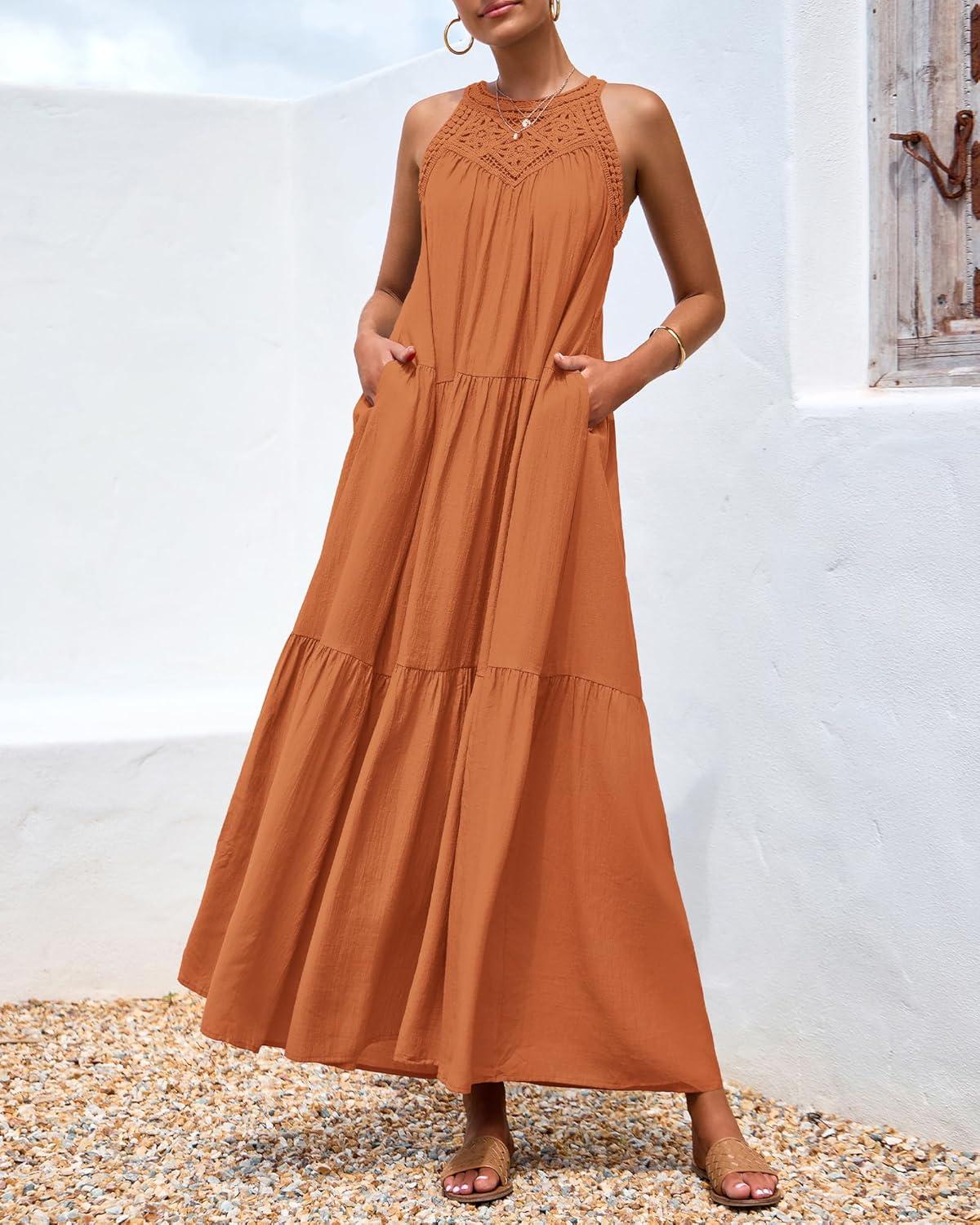 imageBTFBM Halter Summer Dresses for Women 2026 Casual Spring Hollow Out Sleeveless Boho Sundresses Beach Vacation Maxi DressBrown Orange