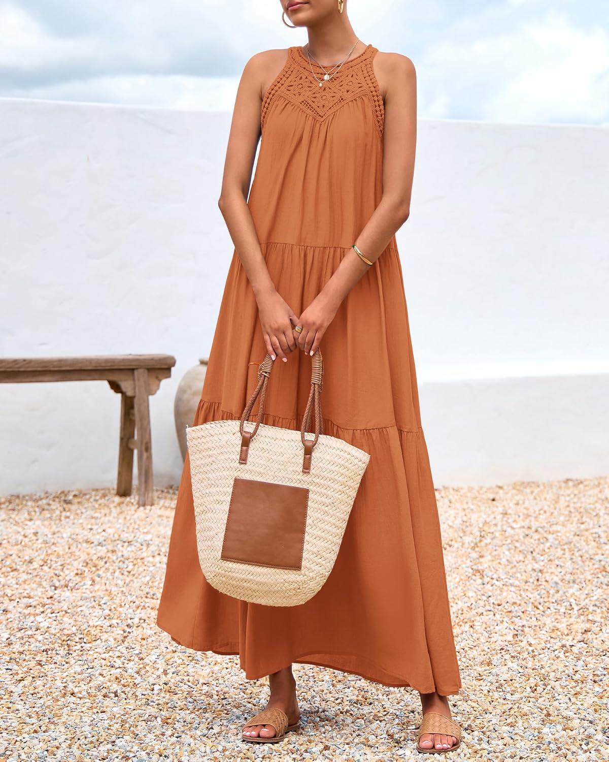 imageBTFBM Halter Summer Dresses for Women 2026 Casual Spring Hollow Out Sleeveless Boho Sundresses Beach Vacation Maxi DressBrown Orange