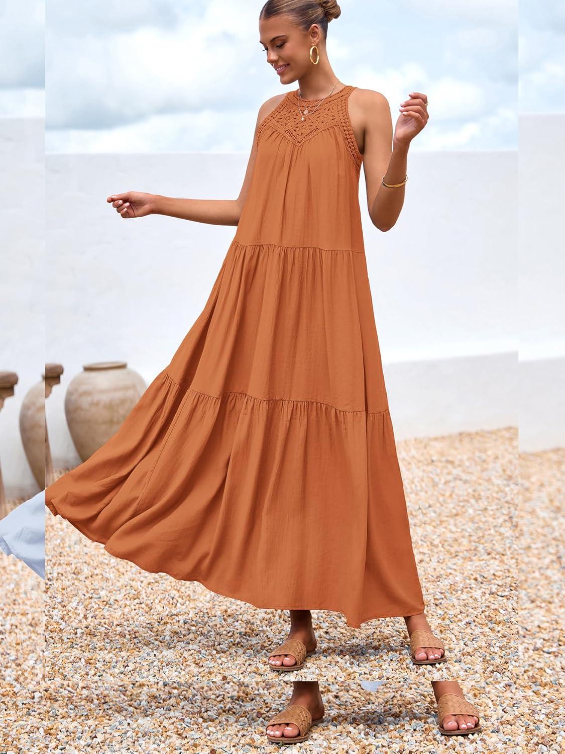 imageBTFBM Halter Summer Dresses for Women 2026 Casual Spring Hollow Out Sleeveless Boho Sundresses Beach Vacation Maxi DressBrown Orange