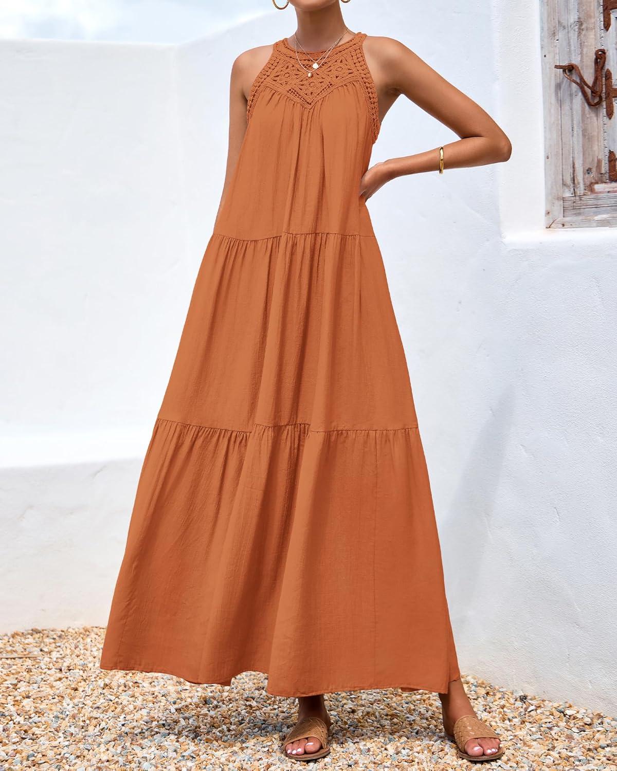 imageBTFBM Halter Summer Dresses for Women 2026 Casual Spring Hollow Out Sleeveless Boho Sundresses Beach Vacation Maxi DressBrown Orange