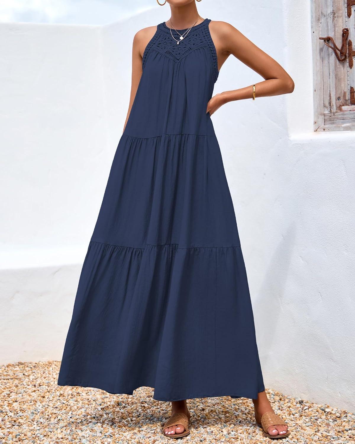 imageBTFBM Halter Summer Dresses for Women 2026 Casual Spring Hollow Out Sleeveless Boho Sundresses Beach Vacation Maxi DressDark Blue