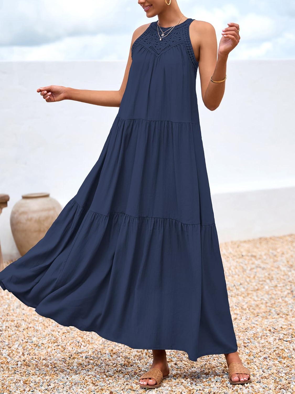 imageBTFBM Halter Summer Dresses for Women 2026 Casual Spring Hollow Out Sleeveless Boho Sundresses Beach Vacation Maxi DressDark Blue