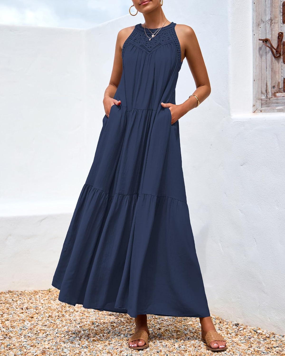 imageBTFBM Halter Summer Dresses for Women 2026 Casual Spring Hollow Out Sleeveless Boho Sundresses Beach Vacation Maxi DressDark Blue