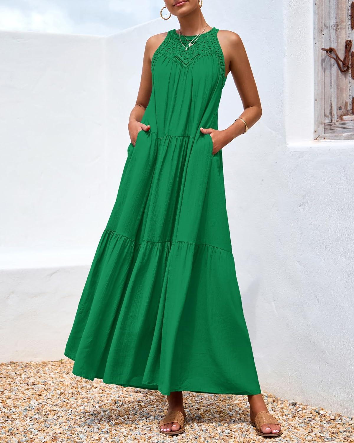 imageBTFBM Halter Summer Dresses for Women 2026 Casual Spring Hollow Out Sleeveless Boho Sundresses Beach Vacation Maxi DressGreen
