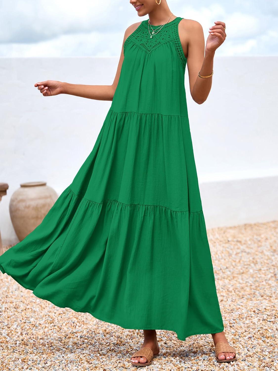 imageBTFBM Halter Summer Dresses for Women 2026 Casual Spring Hollow Out Sleeveless Boho Sundresses Beach Vacation Maxi DressGreen