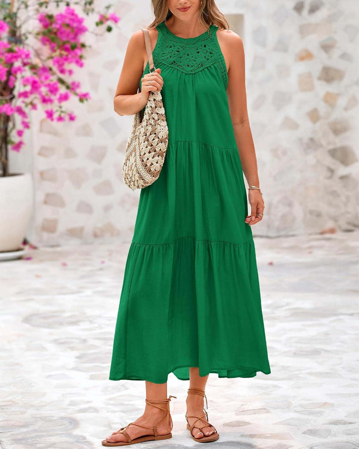 imageBTFBM Halter Summer Dresses for Women 2026 Casual Spring Hollow Out Sleeveless Boho Sundresses Beach Vacation Maxi DressGreen