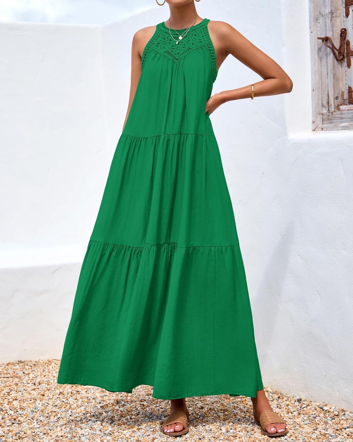 imageBTFBM Halter Summer Dresses for Women 2026 Casual Spring Hollow Out Sleeveless Boho Sundresses Beach Vacation Maxi DressGreen
