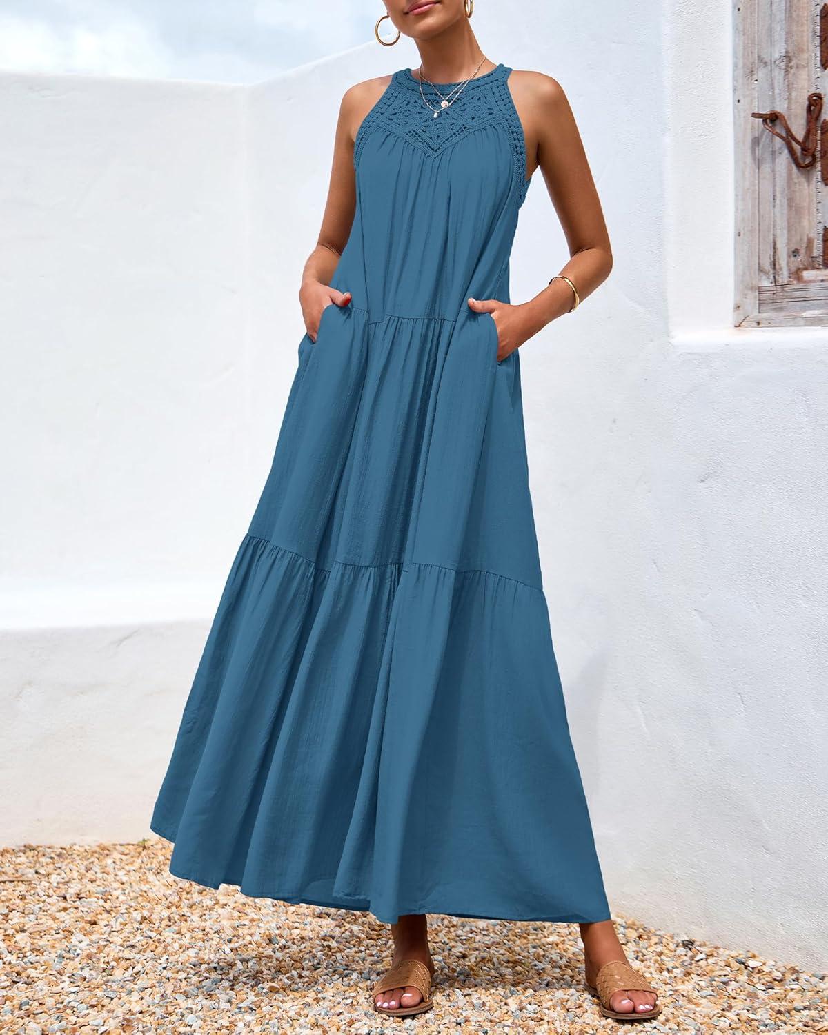 imageBTFBM Halter Summer Dresses for Women 2026 Casual Spring Hollow Out Sleeveless Boho Sundresses Beach Vacation Maxi DressLake Blue