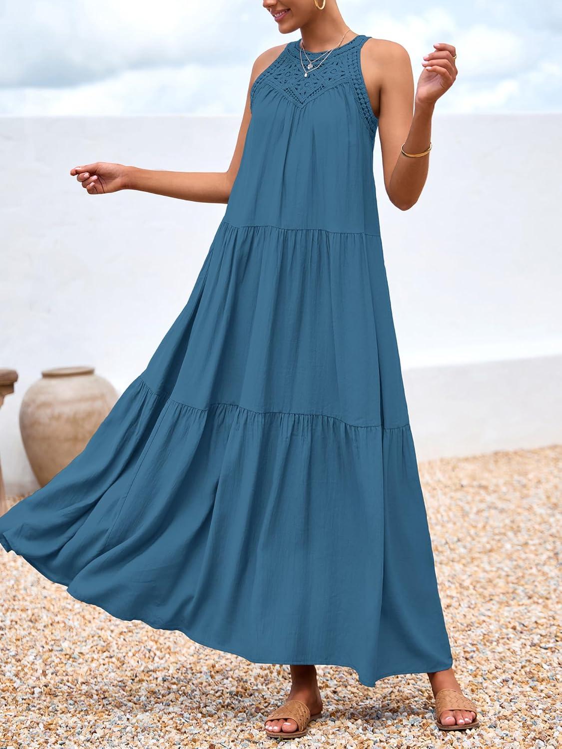 imageBTFBM Halter Summer Dresses for Women 2026 Casual Spring Hollow Out Sleeveless Boho Sundresses Beach Vacation Maxi DressLake Blue