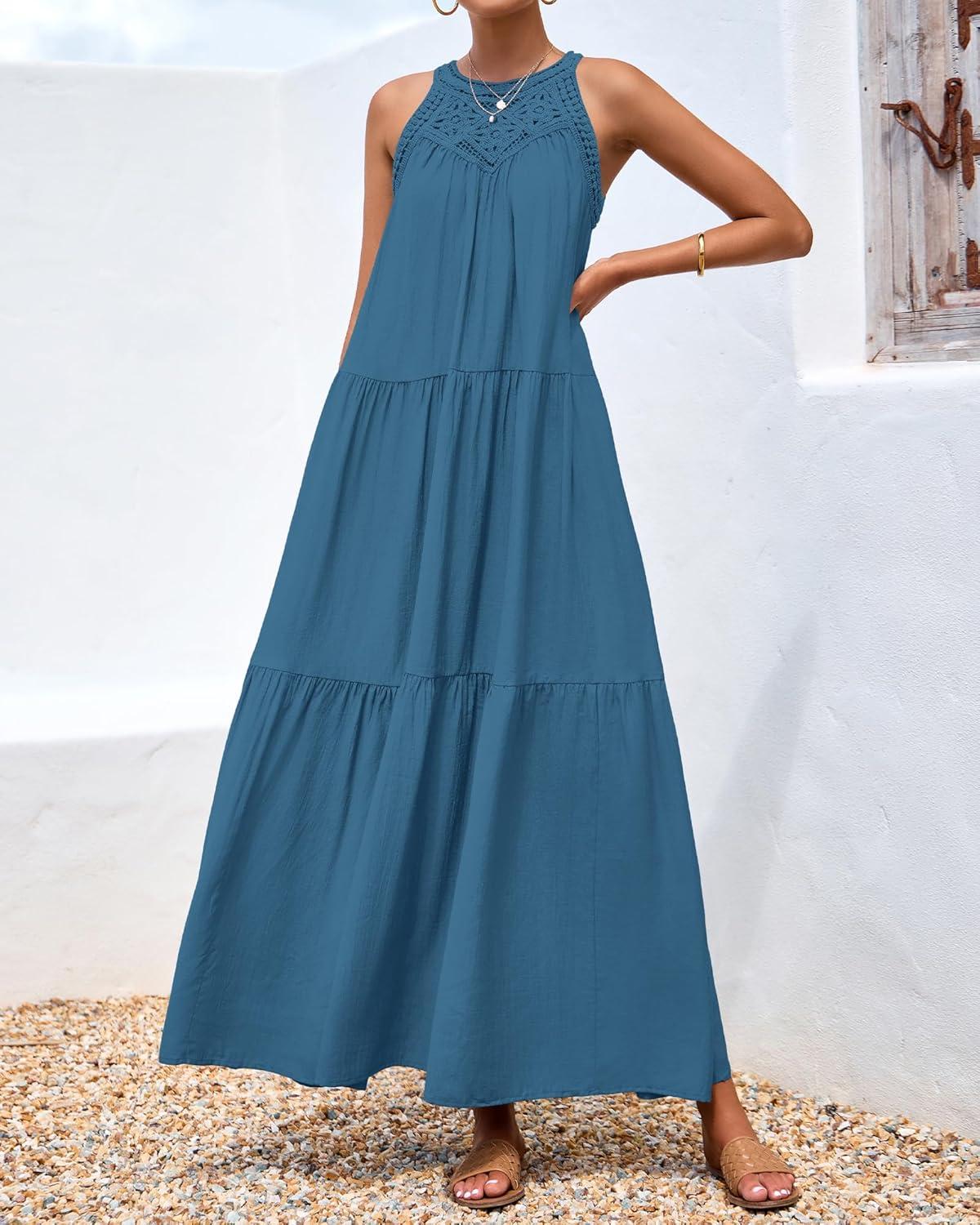 imageBTFBM Halter Summer Dresses for Women 2026 Casual Spring Hollow Out Sleeveless Boho Sundresses Beach Vacation Maxi DressLake Blue