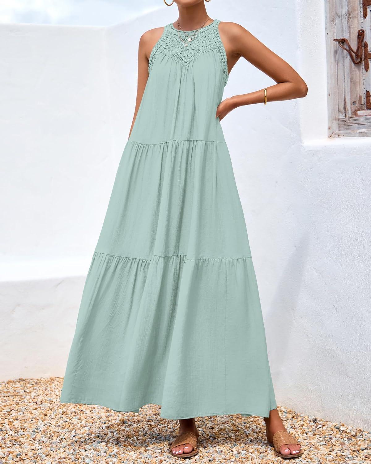 imageBTFBM Halter Summer Dresses for Women 2026 Casual Spring Hollow Out Sleeveless Boho Sundresses Beach Vacation Maxi DressMint Green