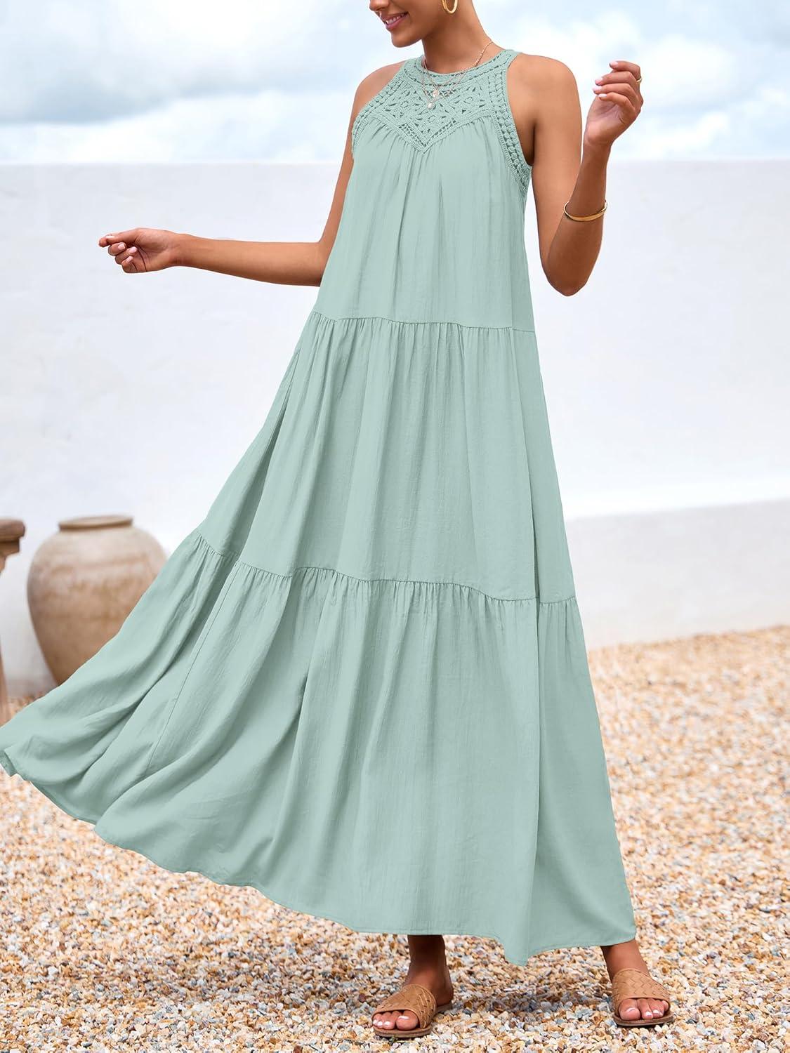 imageBTFBM Halter Summer Dresses for Women 2026 Casual Spring Hollow Out Sleeveless Boho Sundresses Beach Vacation Maxi DressMint Green