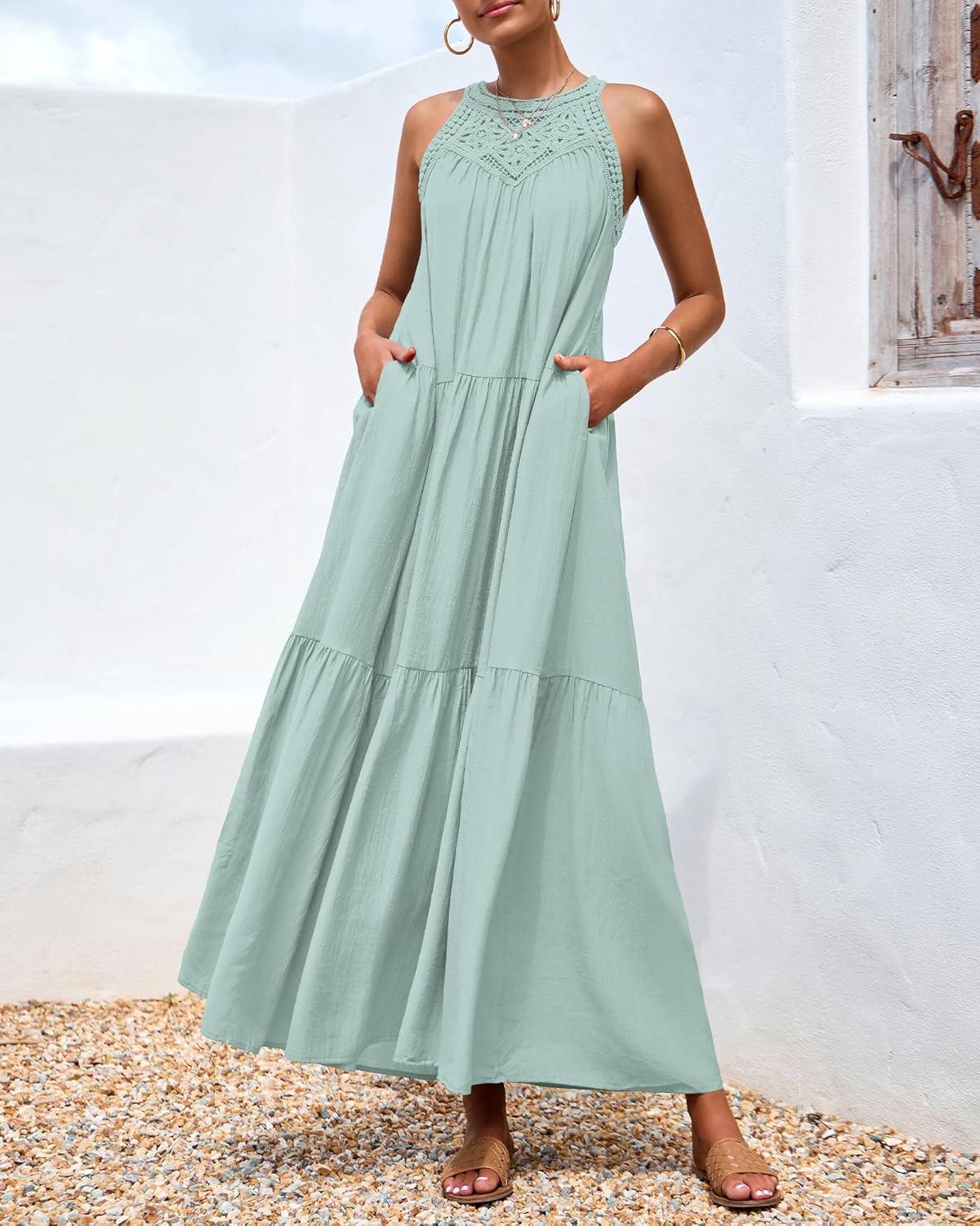 imageBTFBM Halter Summer Dresses for Women 2026 Casual Spring Hollow Out Sleeveless Boho Sundresses Beach Vacation Maxi DressMint Green