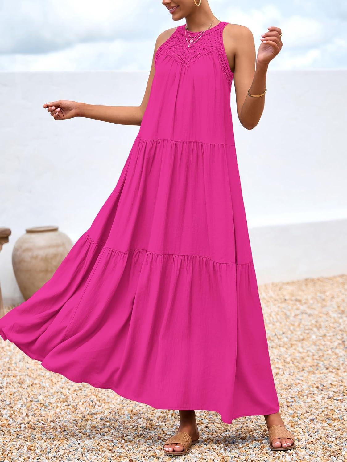 imageBTFBM Halter Summer Dresses for Women 2026 Casual Spring Hollow Out Sleeveless Boho Sundresses Beach Vacation Maxi DressRose Red