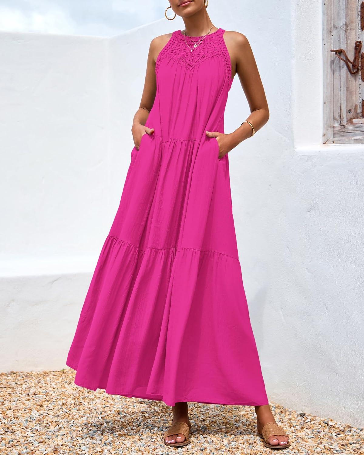 imageBTFBM Halter Summer Dresses for Women 2026 Casual Spring Hollow Out Sleeveless Boho Sundresses Beach Vacation Maxi DressRose Red