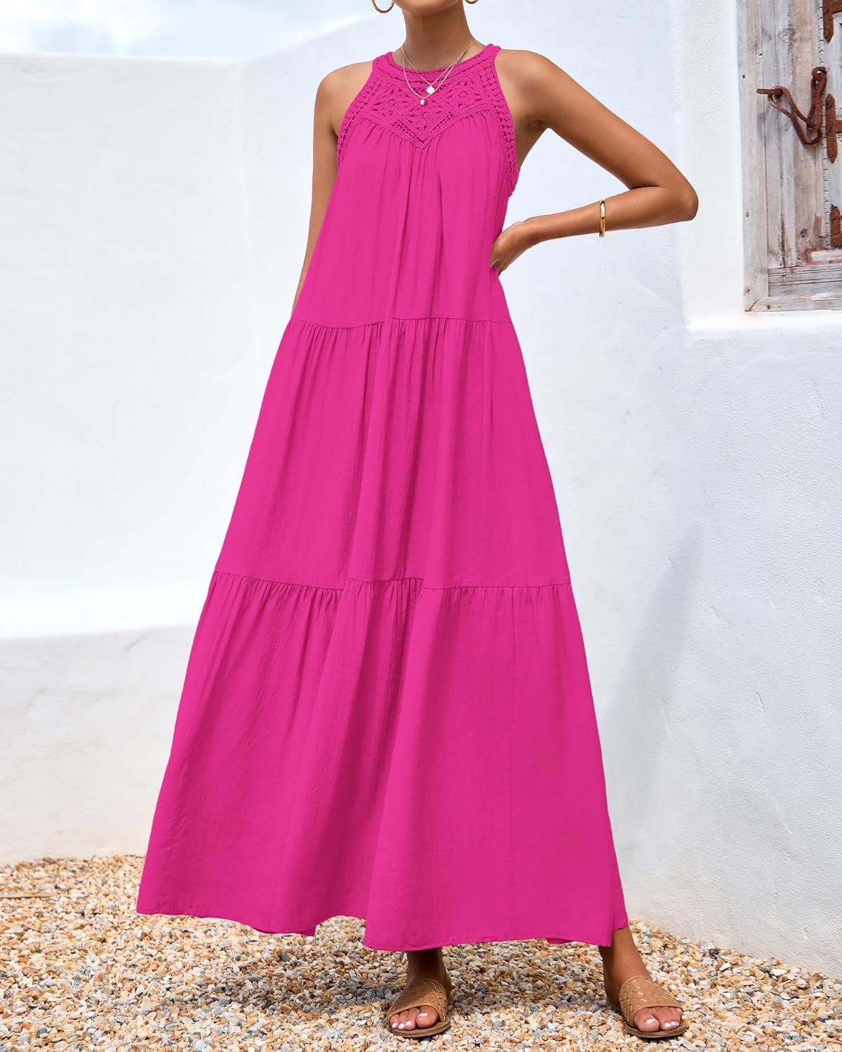 imageBTFBM Halter Summer Dresses for Women 2026 Casual Spring Hollow Out Sleeveless Boho Sundresses Beach Vacation Maxi DressRose Red