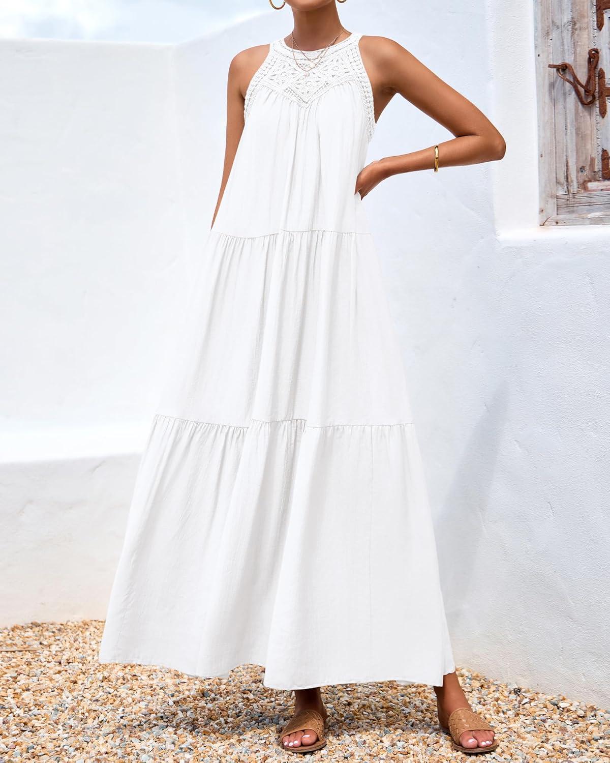 imageBTFBM Halter Summer Dresses for Women 2026 Casual Spring Hollow Out Sleeveless Boho Sundresses Beach Vacation Maxi DressWhite