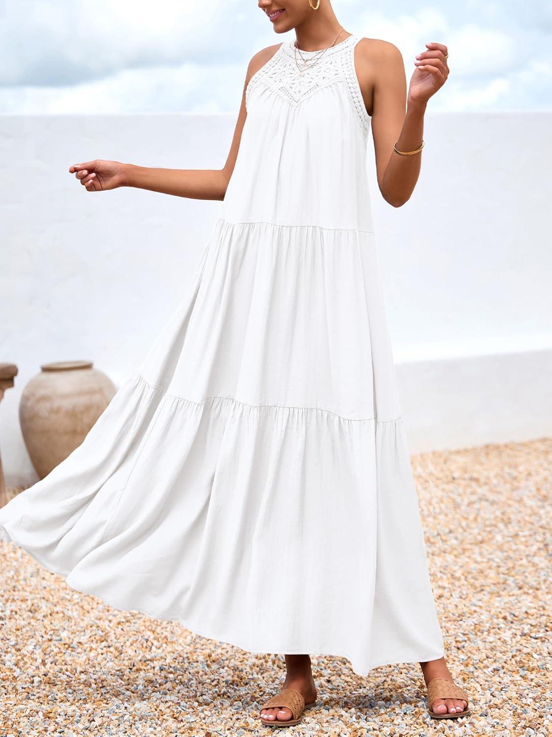 imageBTFBM Halter Summer Dresses for Women 2026 Casual Spring Hollow Out Sleeveless Boho Sundresses Beach Vacation Maxi DressWhite