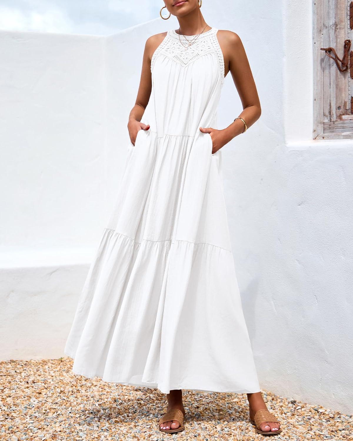 imageBTFBM Halter Summer Dresses for Women 2026 Casual Spring Hollow Out Sleeveless Boho Sundresses Beach Vacation Maxi DressWhite