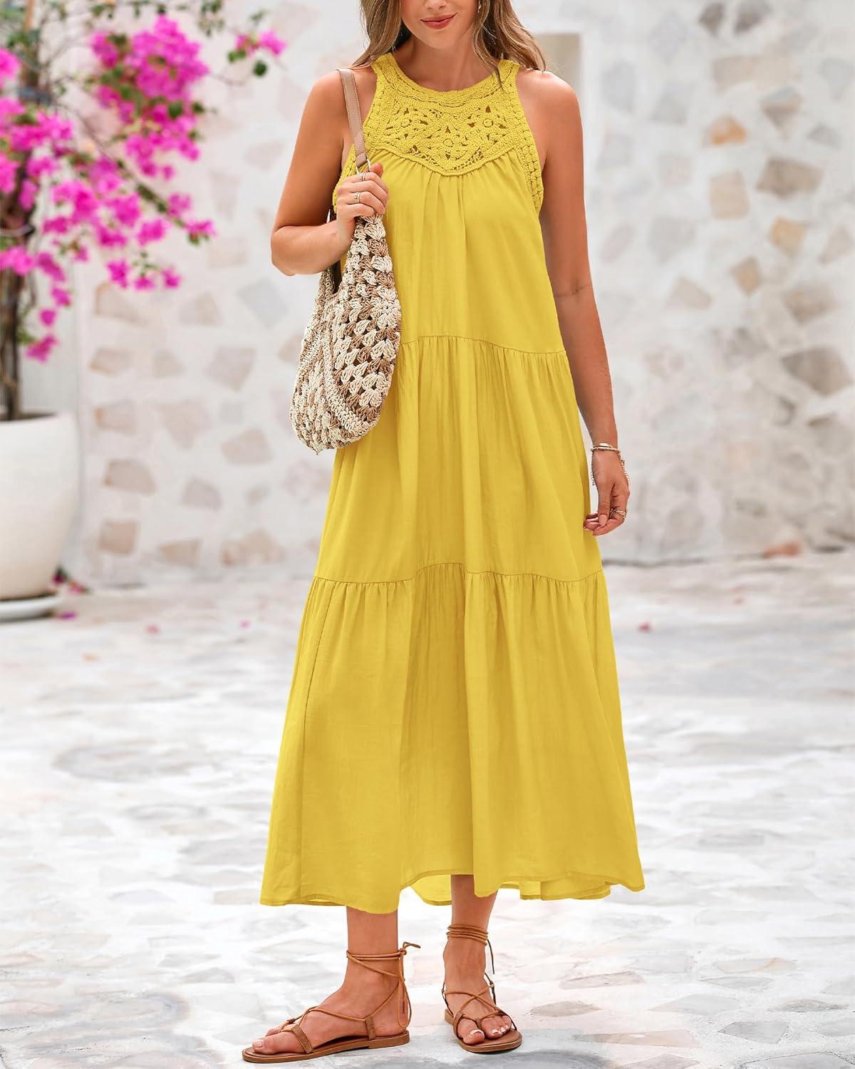 imageBTFBM Halter Summer Dresses for Women 2026 Casual Spring Hollow Out Sleeveless Boho Sundresses Beach Vacation Maxi DressYellow