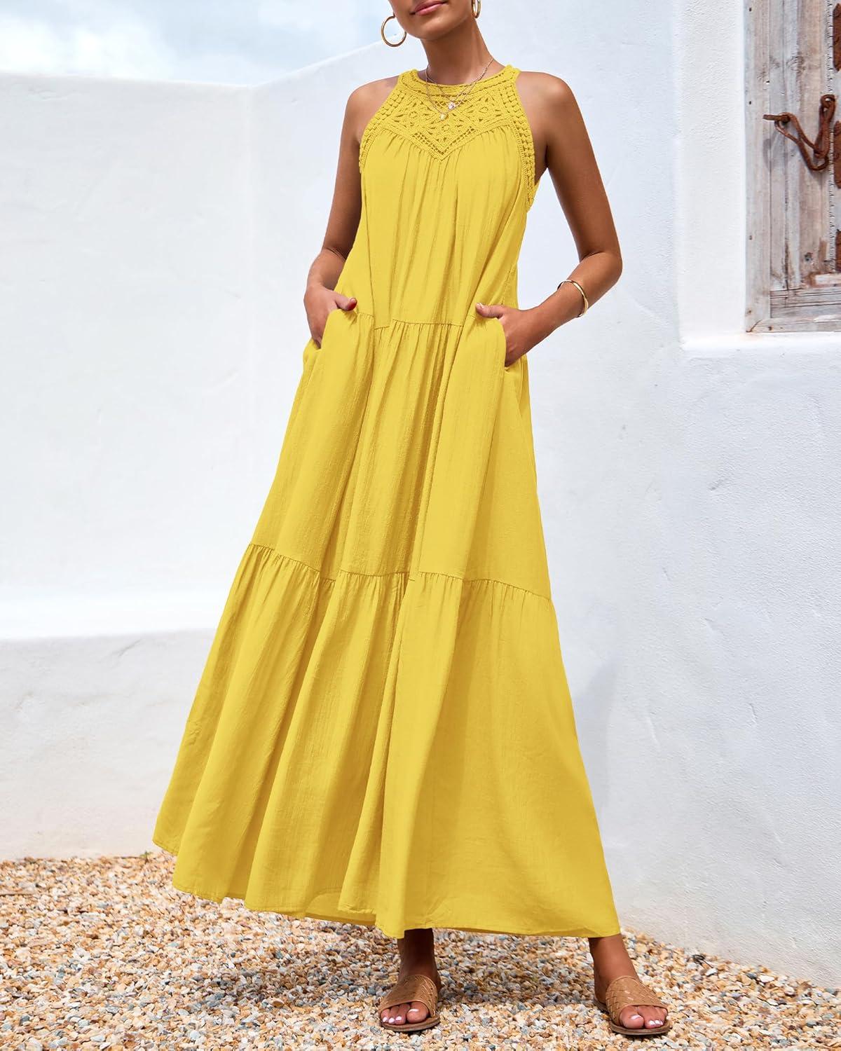imageBTFBM Halter Summer Dresses for Women 2026 Casual Spring Hollow Out Sleeveless Boho Sundresses Beach Vacation Maxi DressYellow