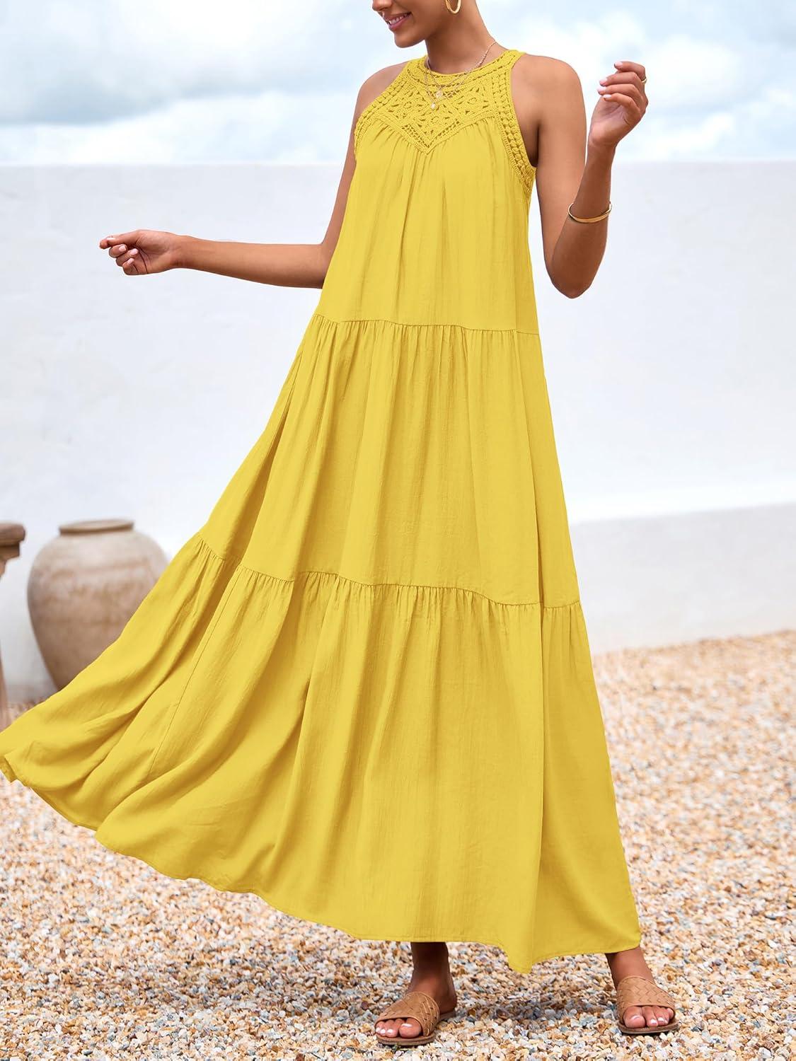imageBTFBM Halter Summer Dresses for Women 2026 Casual Spring Hollow Out Sleeveless Boho Sundresses Beach Vacation Maxi DressYellow