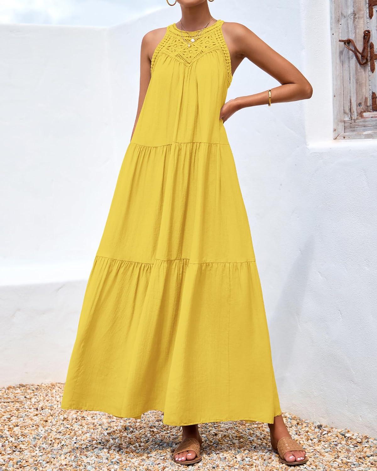 imageBTFBM Halter Summer Dresses for Women 2026 Casual Spring Hollow Out Sleeveless Boho Sundresses Beach Vacation Maxi DressYellow