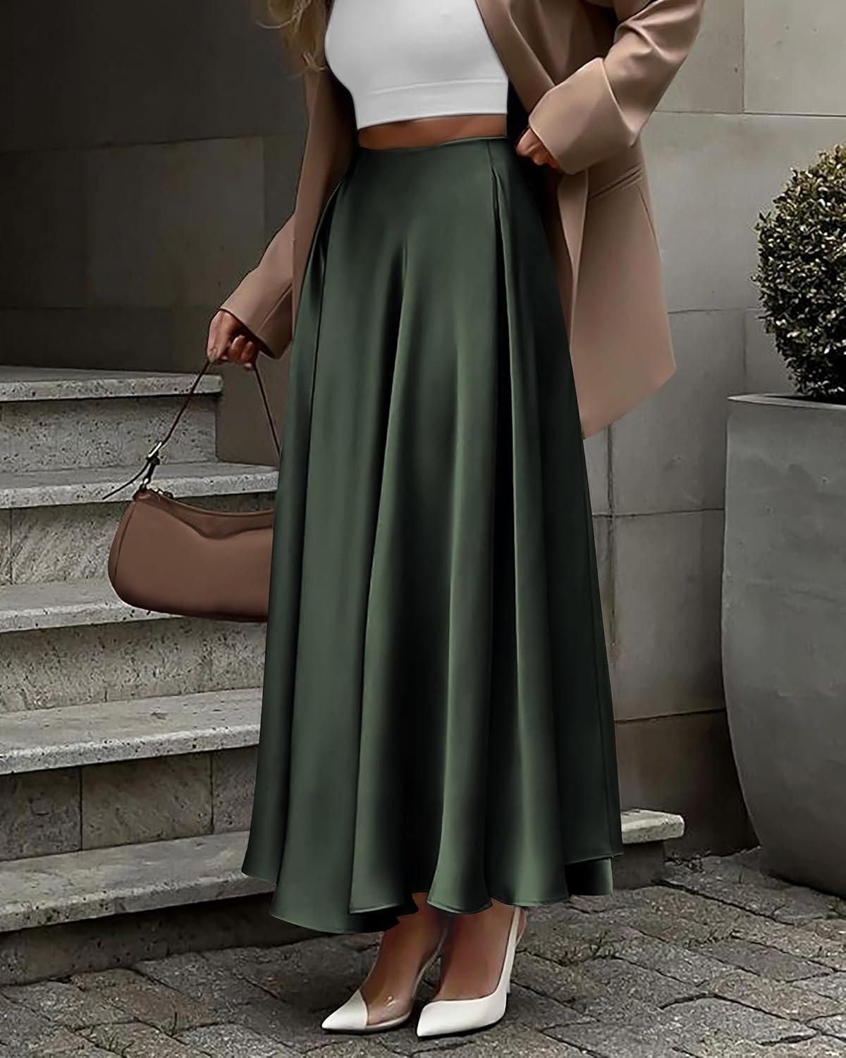 imageBTFBM High Waisted Skirts for Women Spring Clothes 2026 Elegant Satin Flowy ALine Cocktail Formal Night Out Maxi SkirtDark Army Green