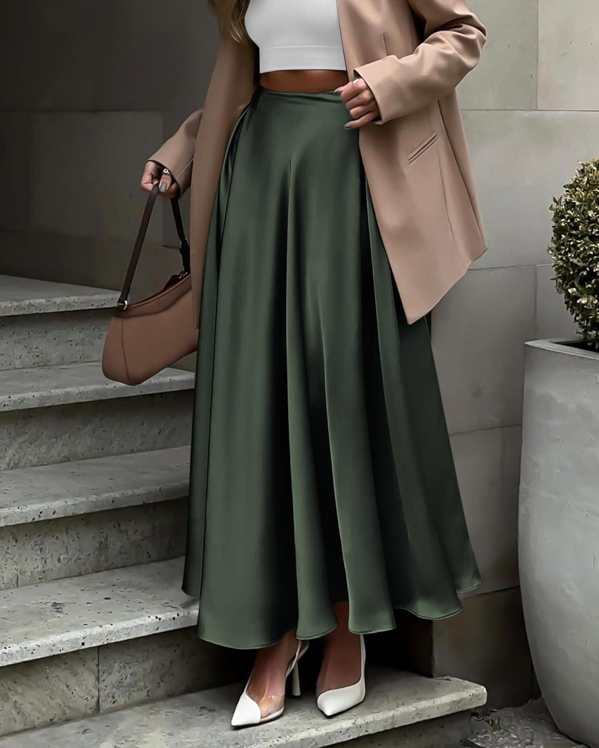 imageBTFBM High Waisted Skirts for Women Spring Clothes 2026 Elegant Satin Flowy ALine Cocktail Formal Night Out Maxi SkirtDark Army Green