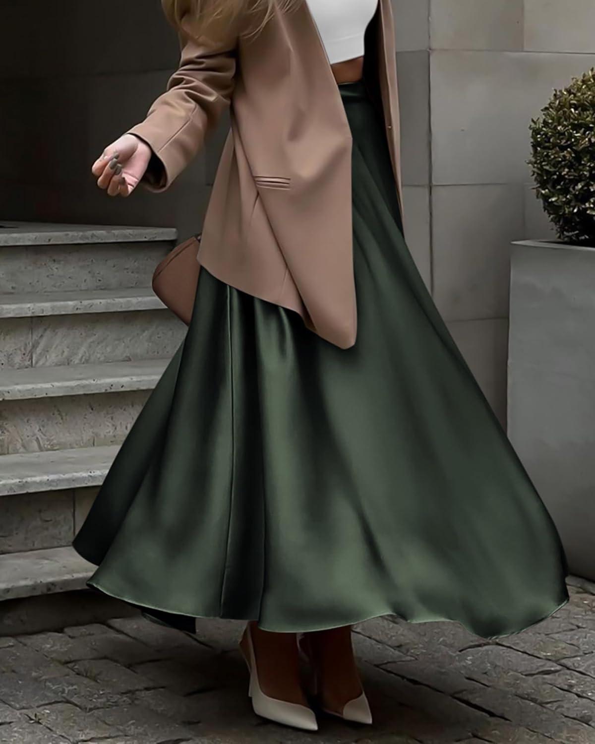 imageBTFBM High Waisted Skirts for Women Spring Clothes 2026 Elegant Satin Flowy ALine Cocktail Formal Night Out Maxi SkirtDark Army Green