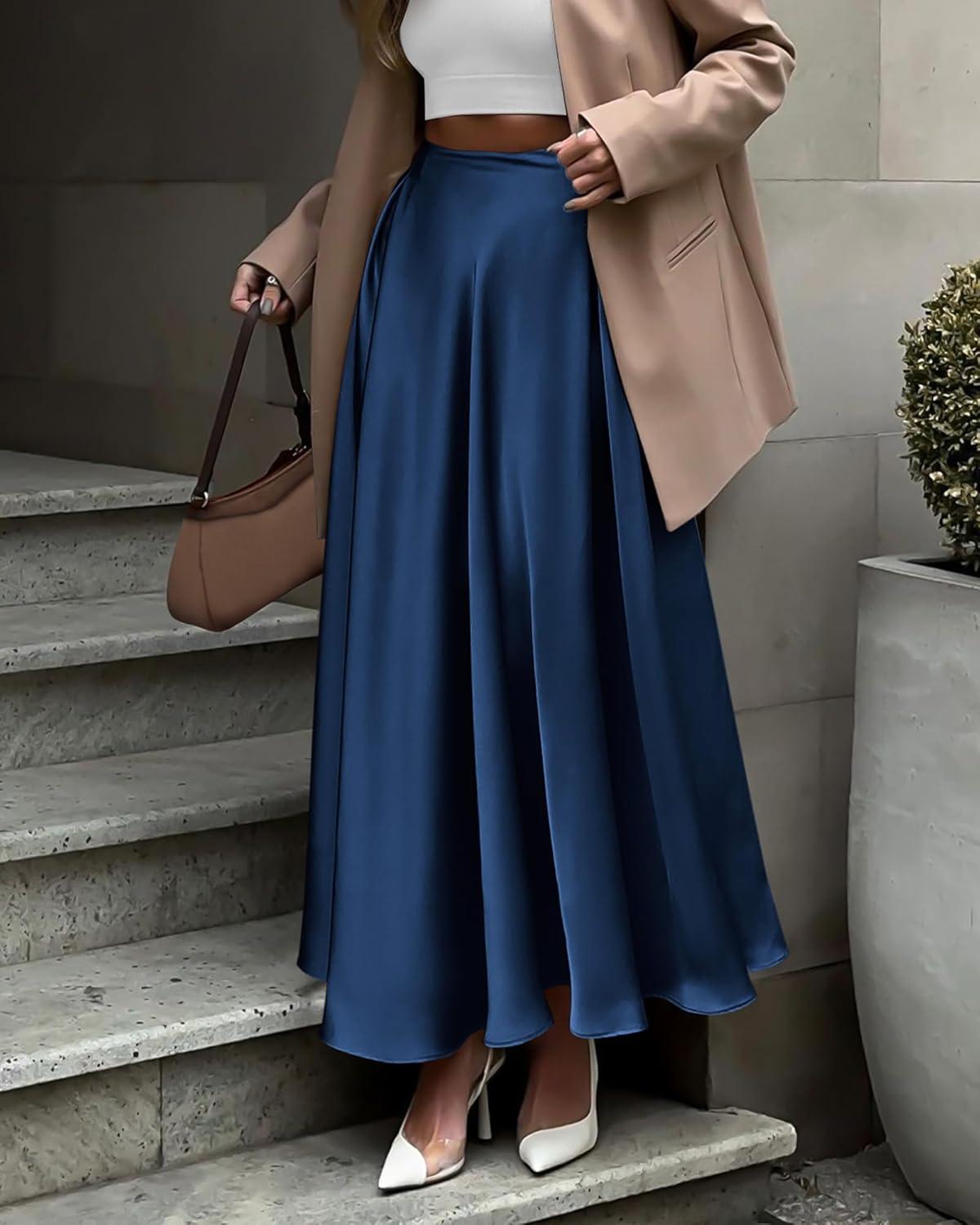 imageBTFBM High Waisted Skirts for Women Spring Clothes 2026 Elegant Satin Flowy ALine Cocktail Formal Night Out Maxi SkirtNavy