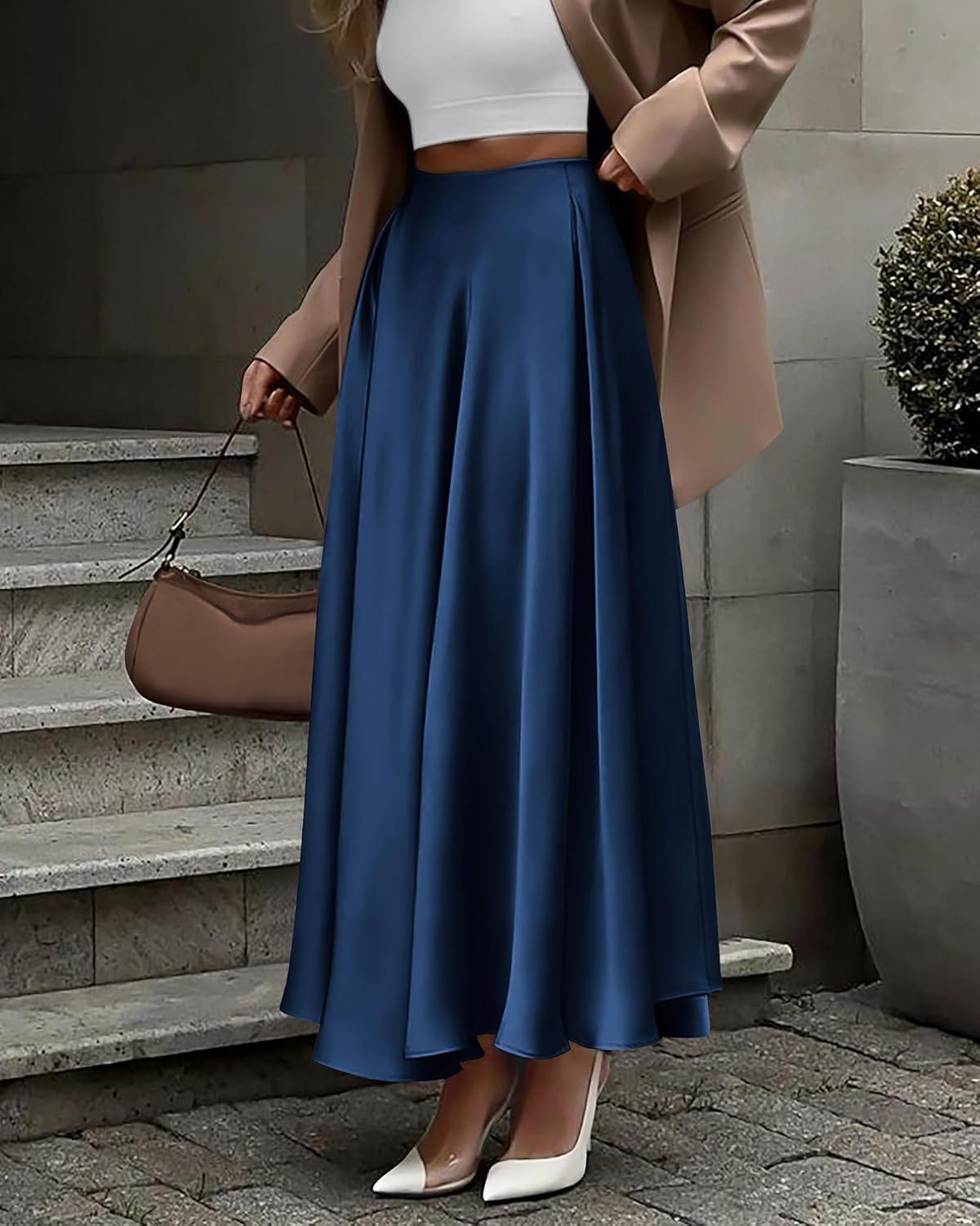 imageBTFBM High Waisted Skirts for Women Spring Clothes 2026 Elegant Satin Flowy ALine Cocktail Formal Night Out Maxi SkirtNavy