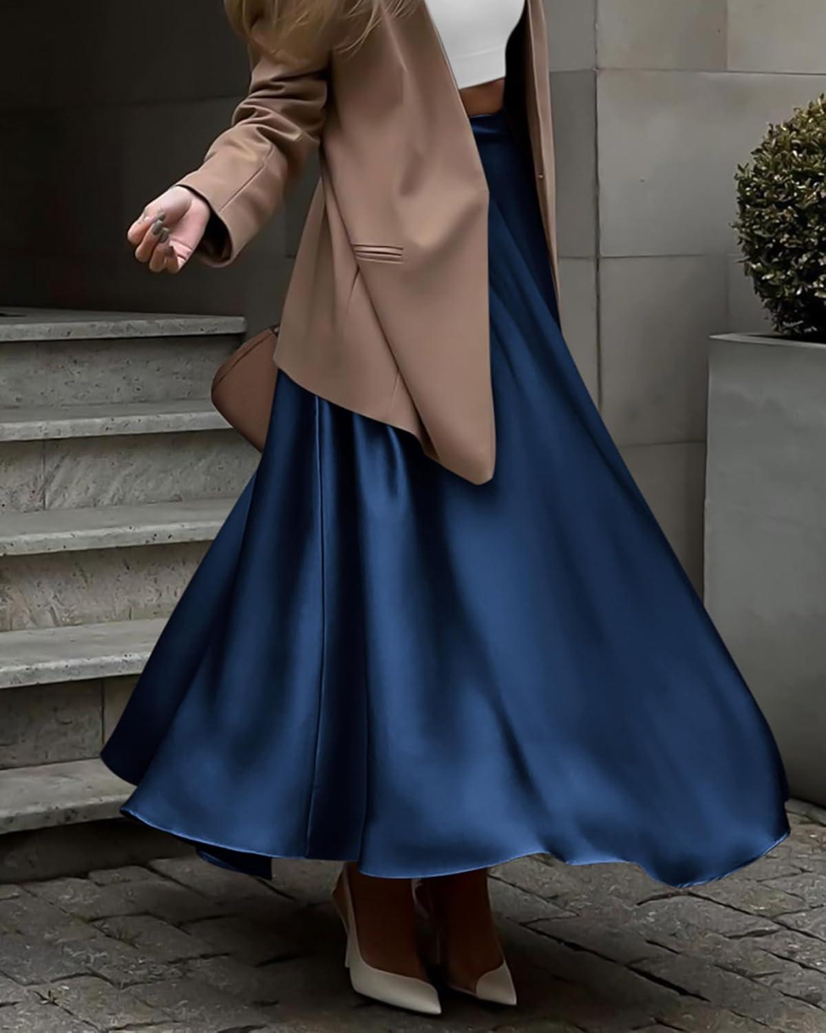 imageBTFBM High Waisted Skirts for Women Spring Clothes 2026 Elegant Satin Flowy ALine Cocktail Formal Night Out Maxi SkirtNavy