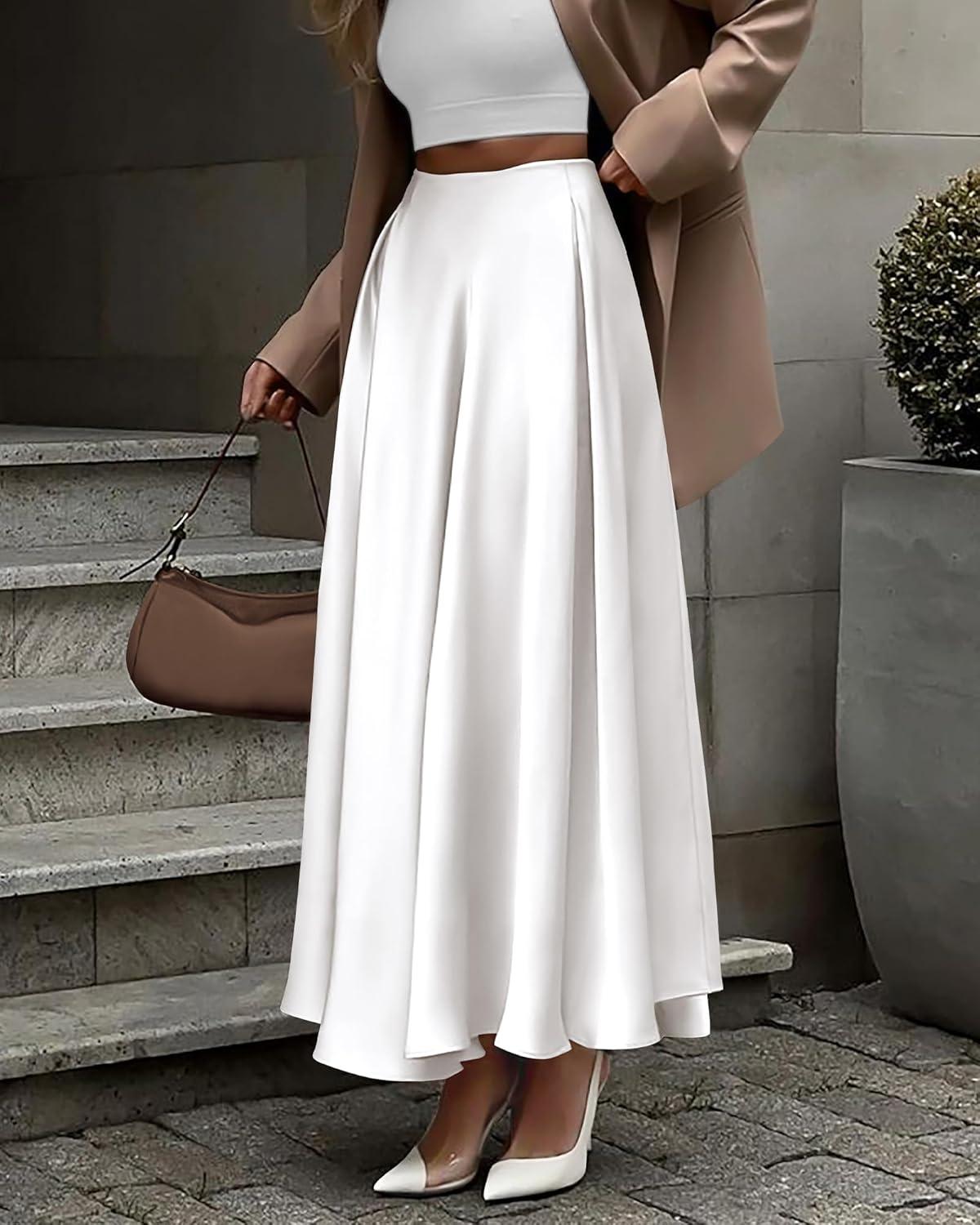imageBTFBM High Waisted Skirts for Women Spring Clothes 2026 Elegant Satin Flowy ALine Cocktail Formal Night Out Maxi SkirtWhite