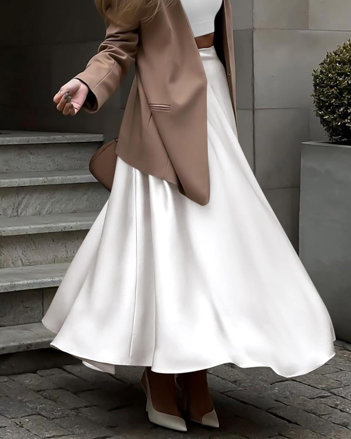 imageBTFBM High Waisted Skirts for Women Spring Clothes 2026 Elegant Satin Flowy ALine Cocktail Formal Night Out Maxi SkirtWhite
