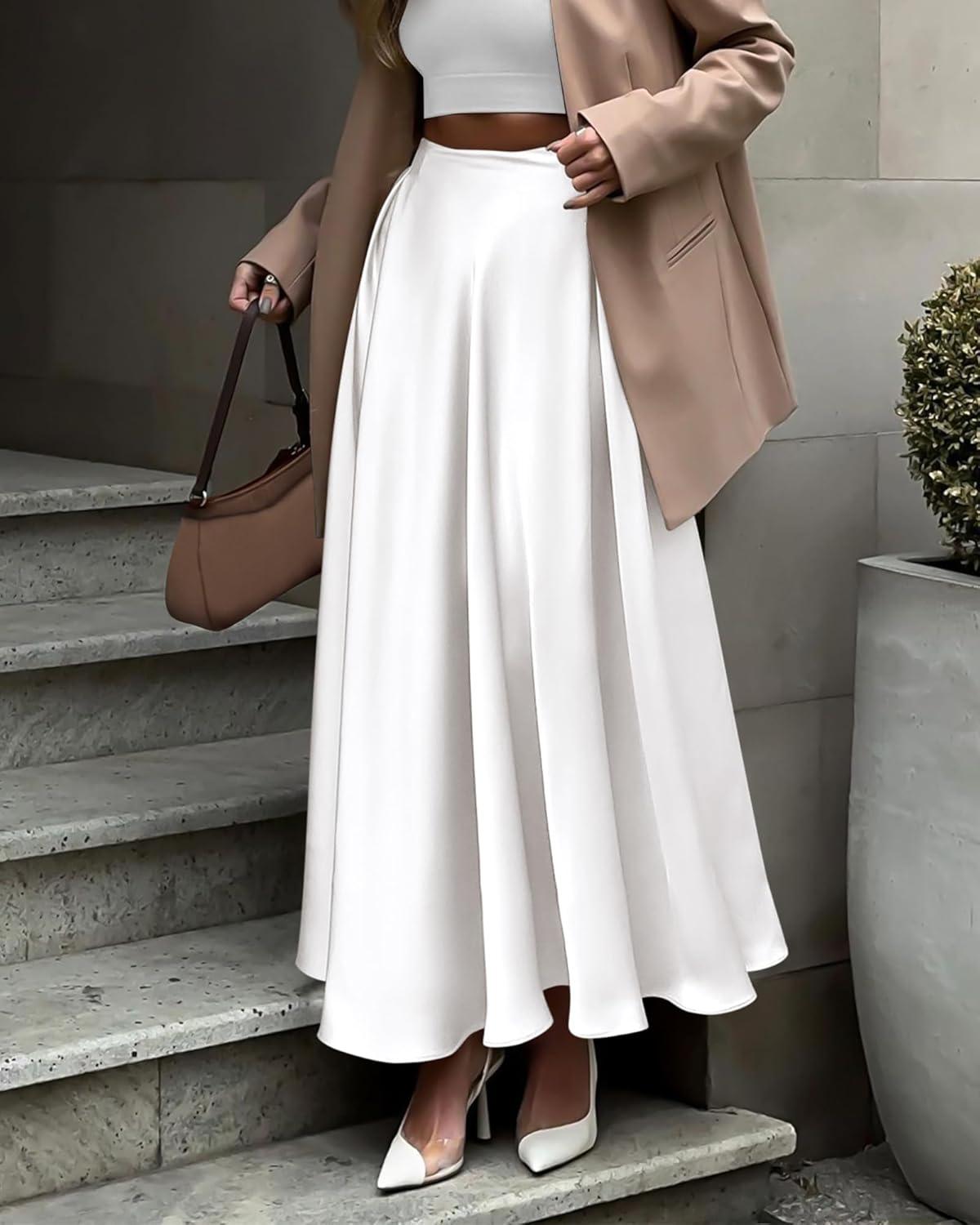 imageBTFBM High Waisted Skirts for Women Spring Clothes 2026 Elegant Satin Flowy ALine Cocktail Formal Night Out Maxi SkirtWhite