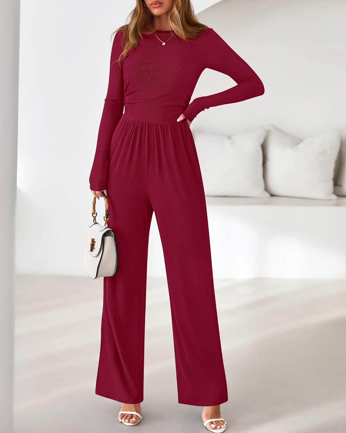 imageBTFBM Jumpsuits For Women One Piece Outfits Long Sleeve Stretchy Knit Wide Leg Pants Womens Jumpsuit Fall Clothes 2025Dark Red