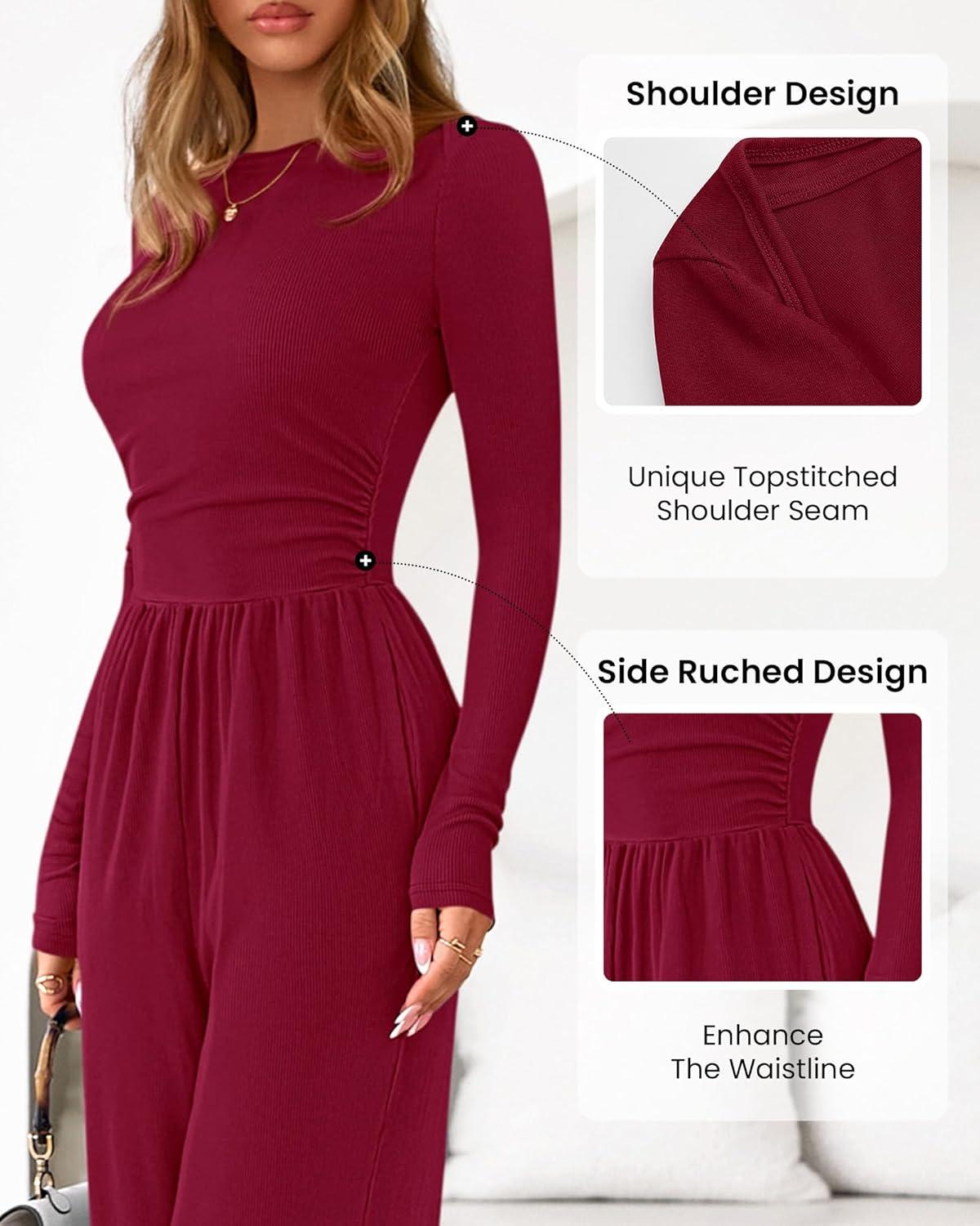 imageBTFBM Jumpsuits For Women One Piece Outfits Long Sleeve Stretchy Knit Wide Leg Pants Womens Jumpsuit Fall Clothes 2025Dark Red