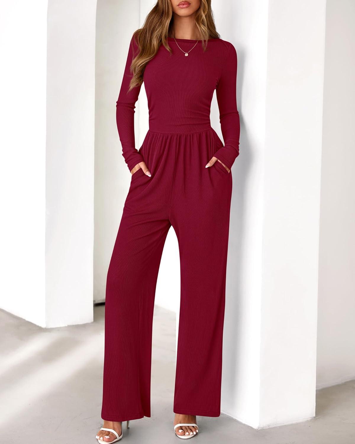 imageBTFBM Jumpsuits For Women One Piece Outfits Long Sleeve Stretchy Knit Wide Leg Pants Womens Jumpsuit Fall Clothes 2025Dark Red