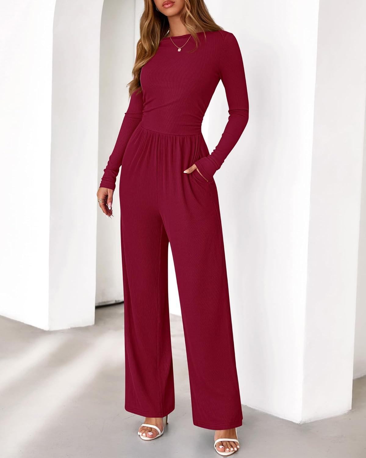 imageBTFBM Jumpsuits For Women One Piece Outfits Long Sleeve Stretchy Knit Wide Leg Pants Womens Jumpsuit Fall Clothes 2025Dark Red