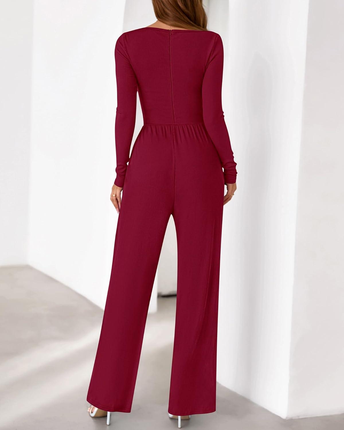 imageBTFBM Jumpsuits For Women One Piece Outfits Long Sleeve Stretchy Knit Wide Leg Pants Womens Jumpsuit Fall Clothes 2025Dark Red