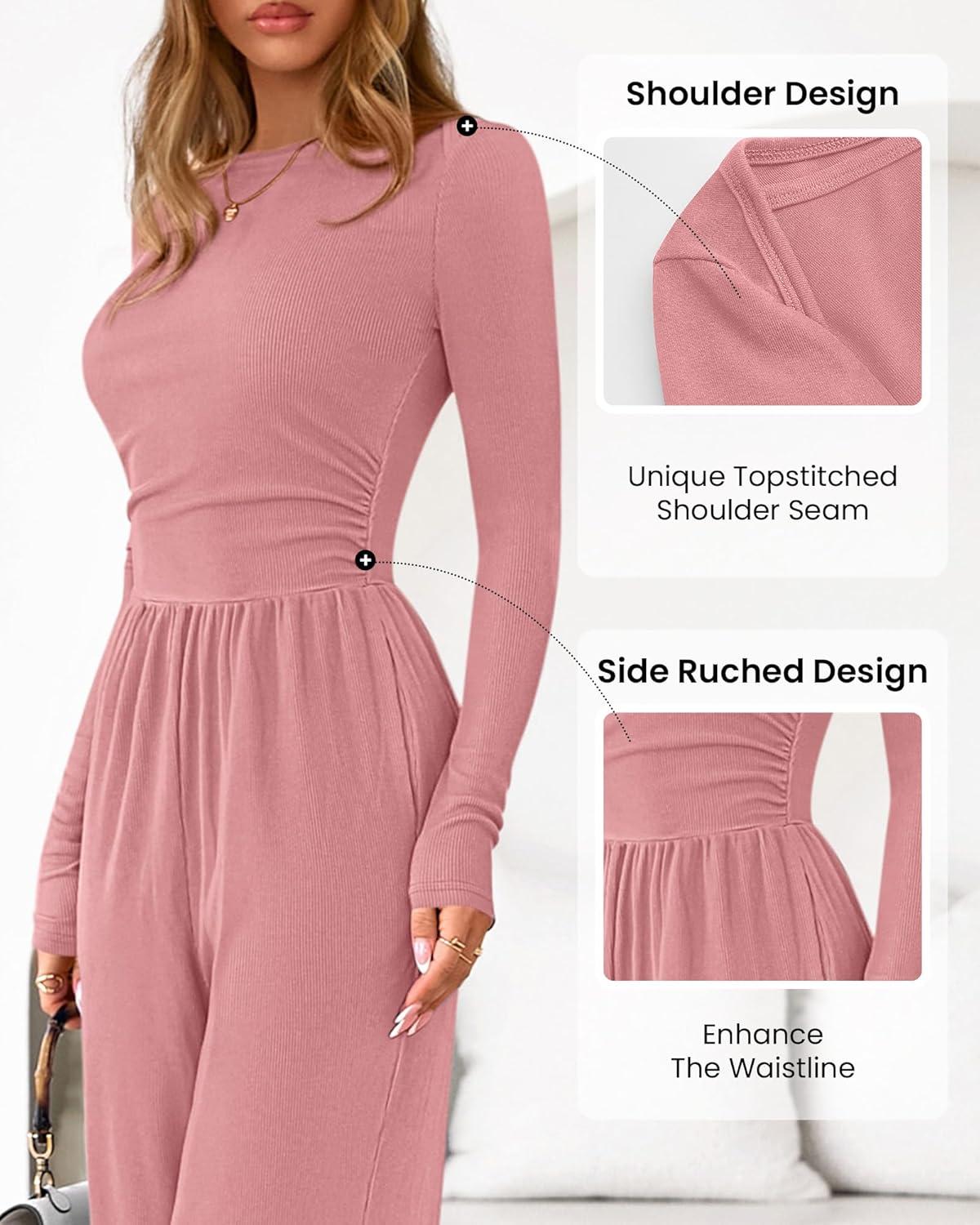 imageBTFBM Jumpsuits For Women One Piece Outfits Long Sleeve Stretchy Knit Wide Leg Pants Womens Jumpsuit Fall Clothes 2025Grey Pink